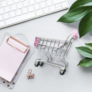 Miniatur Einkaufswagen mit rosafarbenen Griffen Webdesign für Selbstständige und Unternehmer