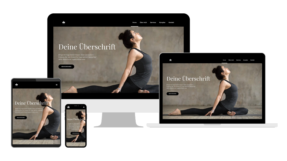 4 Webdesign Mockups von einem Yogini Landingpage Website Vorlagen